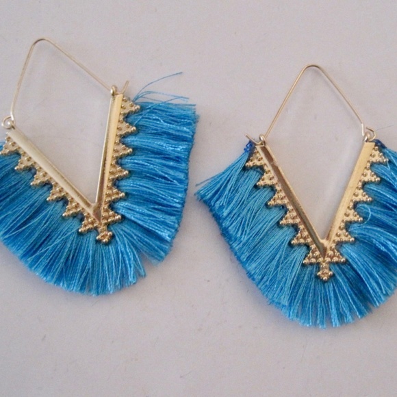 Fringed Turquoise Tassel Drop Earrings Statement - Picture 4 of 5